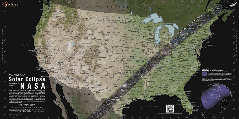 The path of totality and partial contours crossing the U.S. for the 2024 total solar eclipse occurring on April 8, 2024. Photo Credit NASA