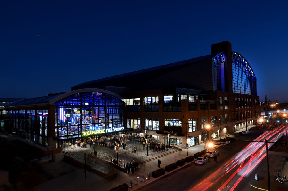 Gainbridge Fieldhouse at Night. Photo Credit: Pacers Sports & Entertainment