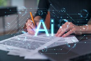 Image of a man writing on a stack of papers with Ai inserted in the foreground.