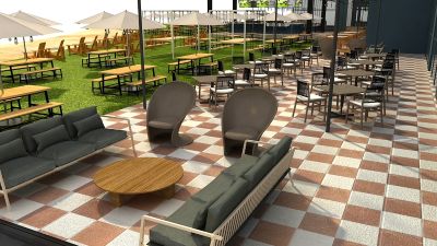 Boardwalk Kitchen & Bar outdoor dining and The Stable (rendering)