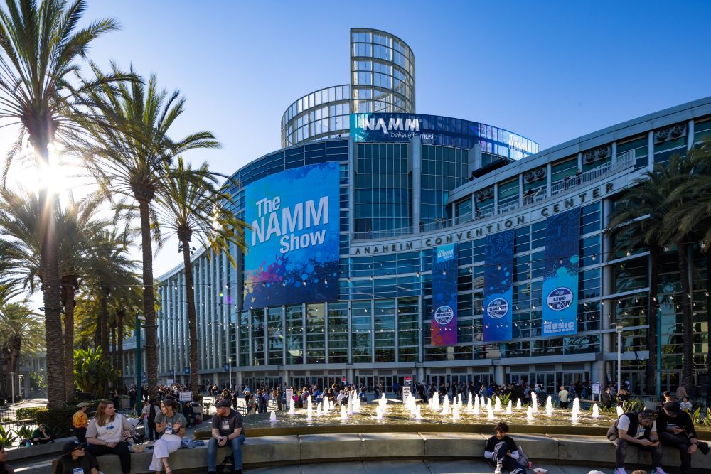 Photo of exterior of Anaheim Convention Center with NAMM signage.