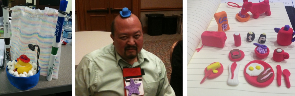 A photo collage of three photos showing off the creativity Joan Eisenstodt incorporates into her educational sessions.