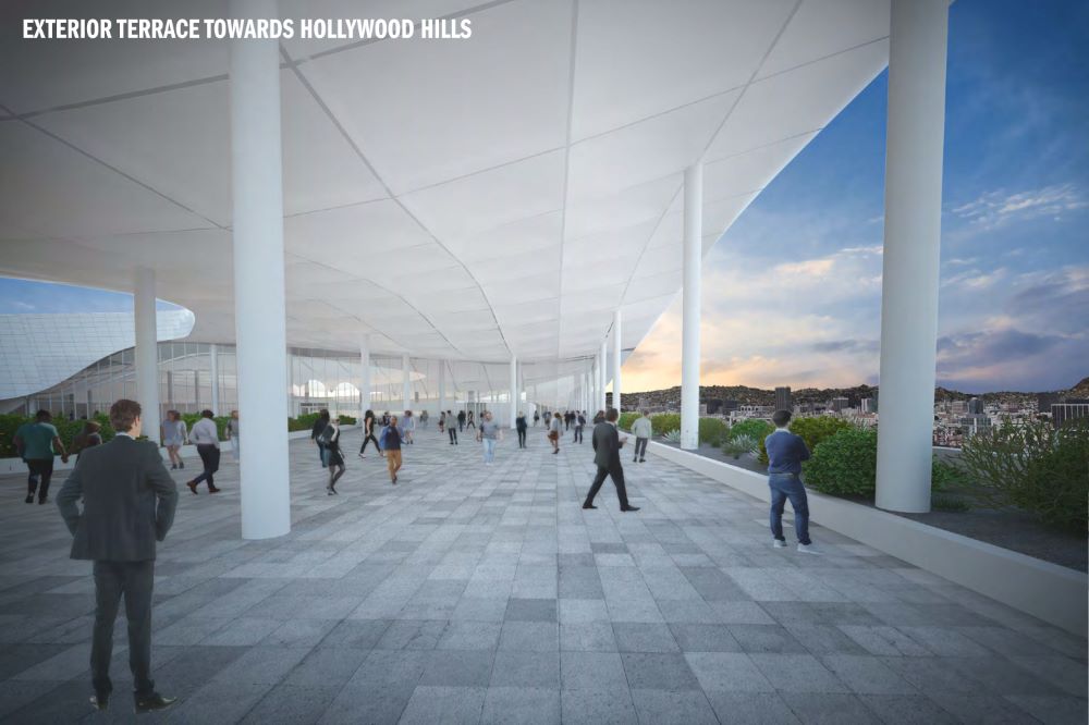 Rendering of Los Angeles Convention Center expansion open space facing Hollywood Hills.
