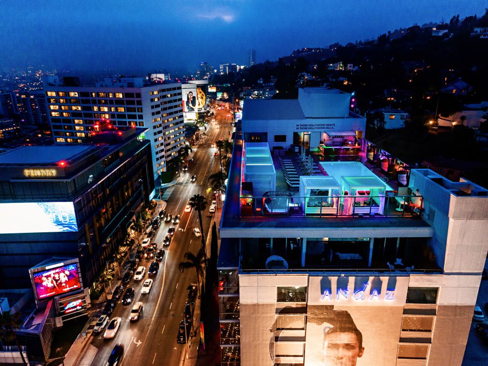 Photo of Andaz West Hollywood and the Sunset Strip at night.