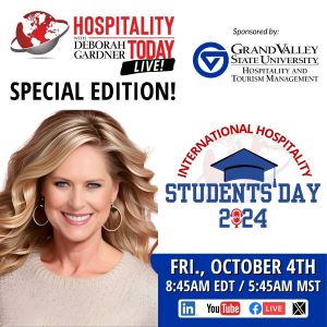 Graphic promoting Deborah Gardner's International Hospitality Student's Day broadcast. 