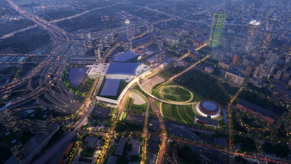 Kay Bailey Hutchison Convention Center, Dallas, aerial view rendering. Credit: Visit Dallas.