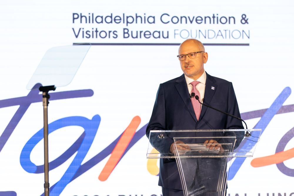 PHLCVB President & CEO Gregg Caren speaking at PHLCVB 2024 annual luncheon at The Franklin Institute 