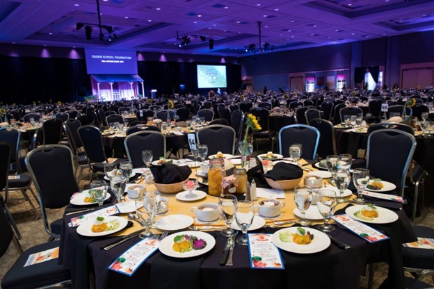 A dinner set up in the Ogden Eccles Conference Center 