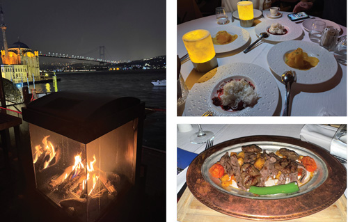 Collage of a fireplace (left) and food items at Ruby.