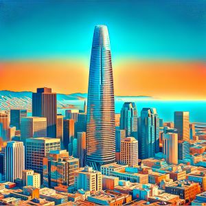 AI-generated graphic of Salesforce building and San Francisco skyline.