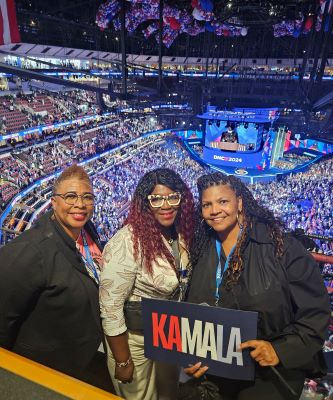 Tess Vismale, Tyra Dyson and Evelyn Blackwell at the 2024 DNC