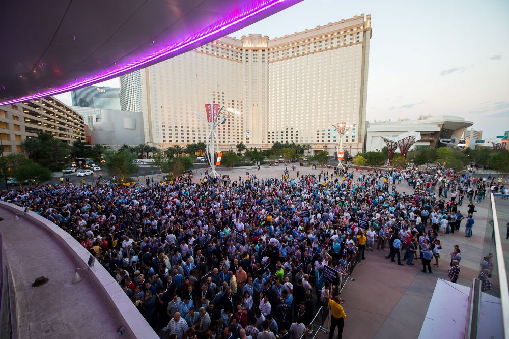 Photo of a large crowd watching a concert in Las Vegas in front of Mandalay Bay.