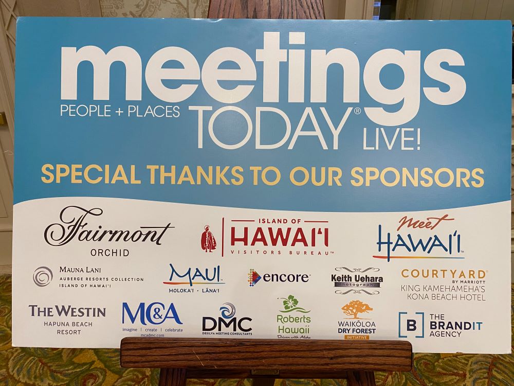 Meetings Today sign with sponsors