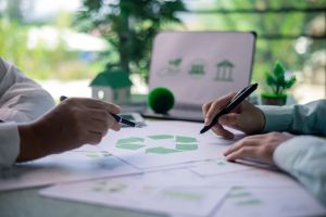 Image of two people signing a piece of paper with the universal recycling symbol on it.