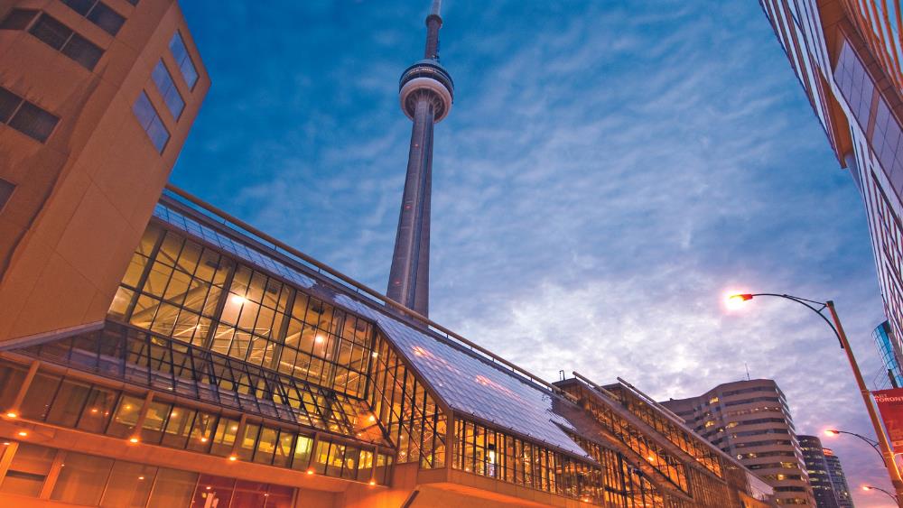 View of the CN Tower from the street in Toronto