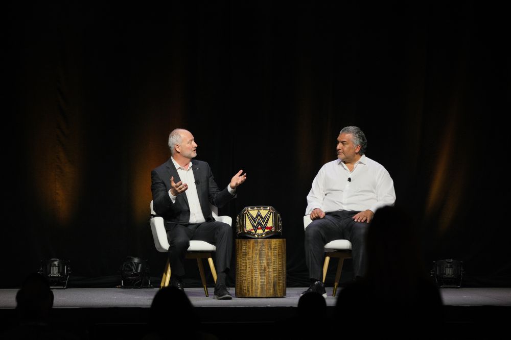 LVCVA President and CEO Steve Hill and WWE President Nick Khan in fireside chat during Preview Las Vegas 2025