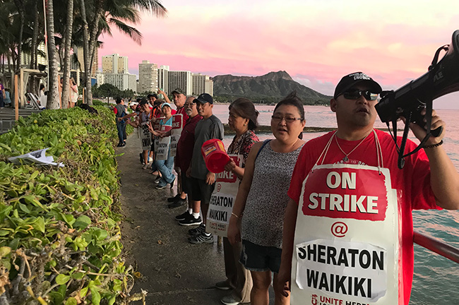 UNITE HERE Local 5 Hawaii Marriott Strike, Protesters Standing Along the Beach