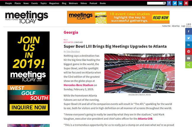 Meetings Today Super Bowl LIII Article Screenshot