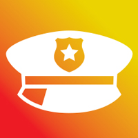 Police Cap White Silhouette on Orange/Yellow/Red Square Background