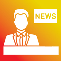 News Anchor Sitting at Desk White Silhouette on Yellow/Orange/Red Square Background