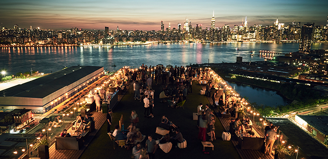 Westlight and Turf Club Rooftop Bar Event Setup With Panoramic Brooklyn Skyline View