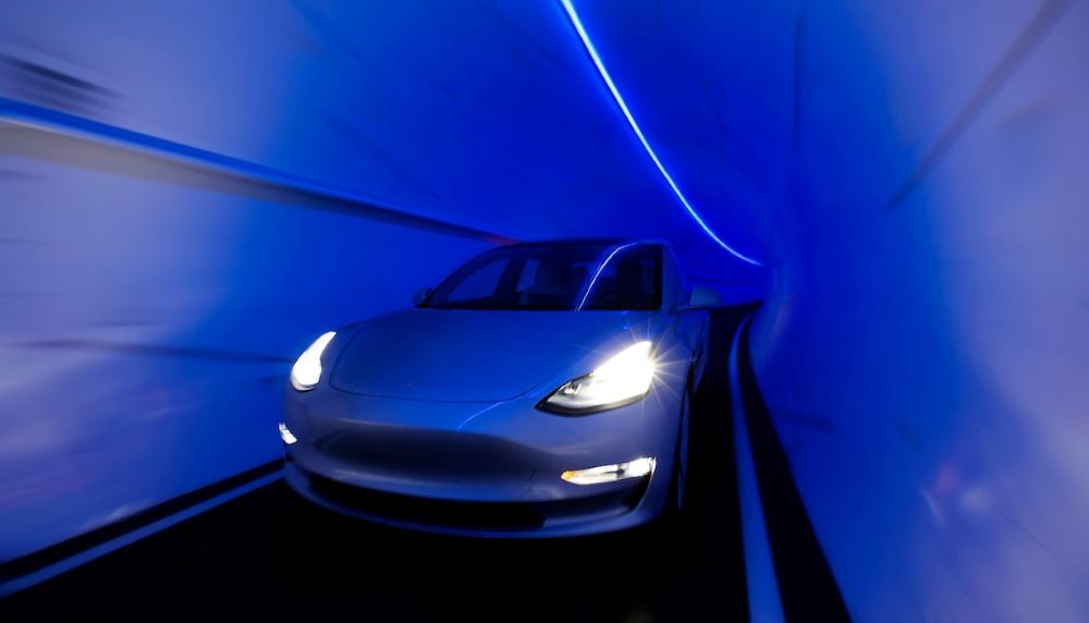 Conceptual rendering of interior view of a Tesla vehicle in The Boring Company People Mover tunnel at the Las Vegas Convention Center, released November 2019. (The Boring Company)