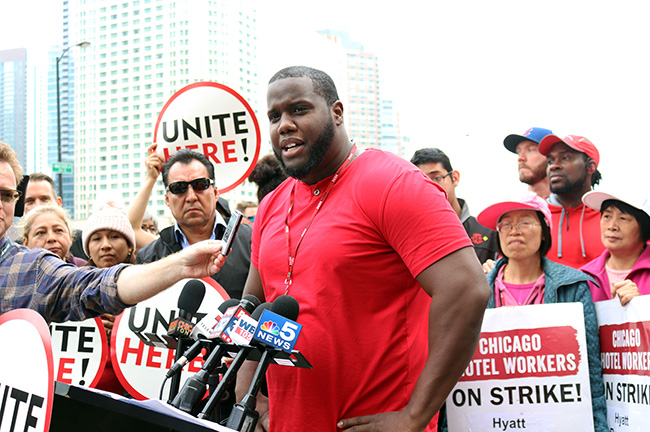 Striking Hotel Worker Demetrius Jackson Speaks at Hyatt Regency Chicago Rally, Credit: UNITE HERE Local 1