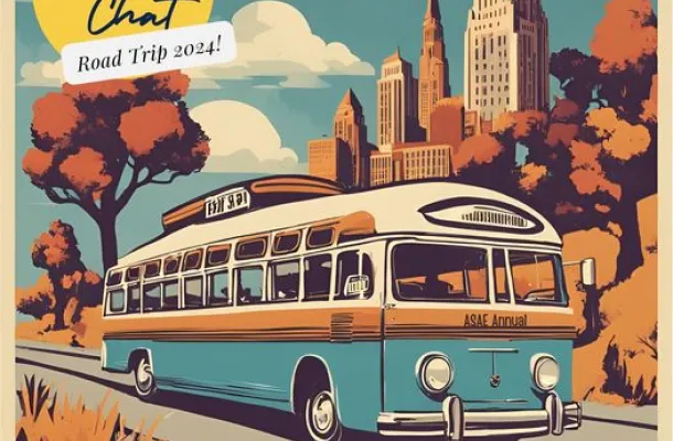 Retro-style graphic of Association Chat Road Trip 2024 with a bus traveling down a freeway with skyscrapers in the background.