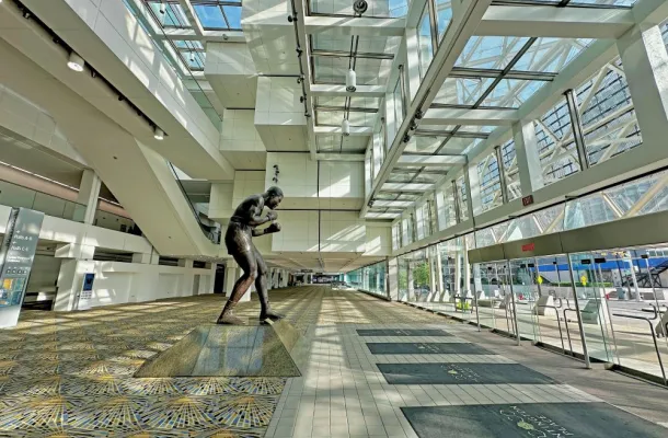 Joe Louis statue inside Huntington Place CREDIT Jeff Heilman