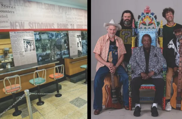 Photos of former Woolworth's lunch counter, International Civil Rights Center & Museum and (right) Music Maker Foundation artists