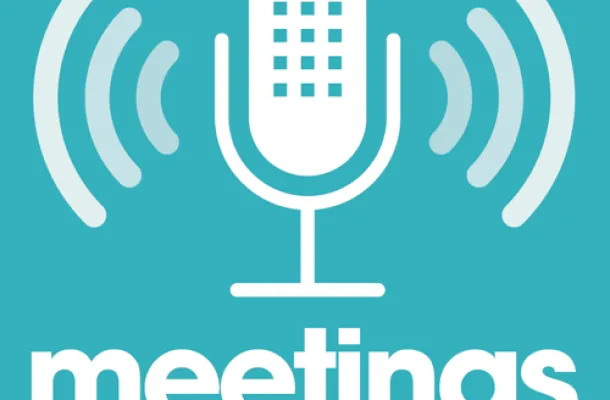 Graphic of Meetings Today Podcast logo.