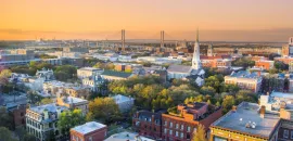 Sunset photo of downtown Savannah, Georgia.