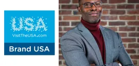 Collage of Brand USA logo on left and photo of Elliott Ferguson standing with his arms crossed on right.