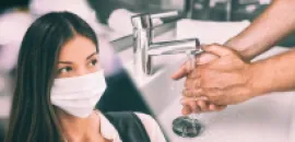 Collage of a woman with a mask and a person washing their hands under a faucet on the right.