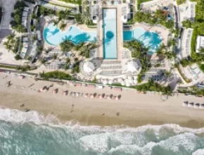 Aerial shot of the beachfront at The Diplomat Beach Resort Hollywood, Curio Collection by Hilton