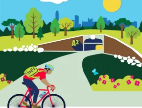 A graphic of a man riding a bike through a park.