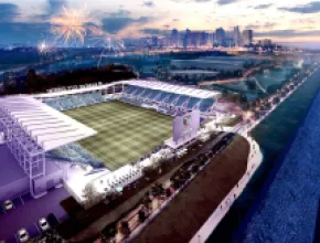 KC Current Stadium riverfront aerial rendering