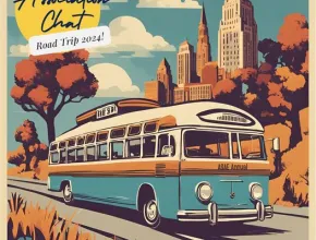 Retro-style graphic of Association Chat Road Trip 2024 with a bus traveling down a freeway with skyscrapers in the background.