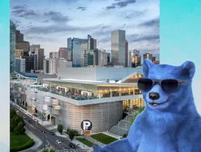 Colorado Convention Center rendering with blue bear giving a thumbs up