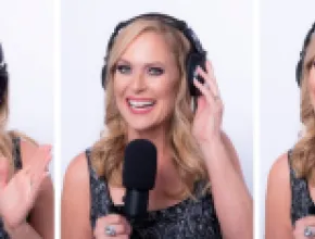 A three-photo collage of Deborah Gardner on a microphone with headphones.