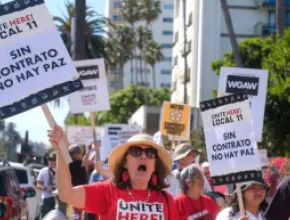 Members of UNITE HERE! Local 11 Picket Outside Fairmont Miramar Hotel Bungalows in Santa Monica, California in July 2023. Photo Credit: Ringo Chiu