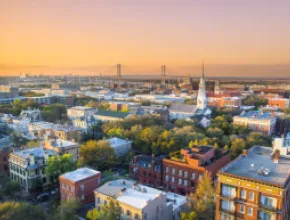 Sunset photo of downtown Savannah, Georgia.