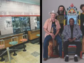 Photos of former Woolworth's lunch counter, International Civil Rights Center & Museum and (right) Music Maker Foundation artists