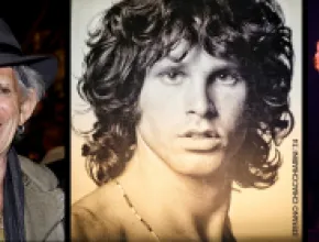 Triptych photo collage of Keith Richards (left), Jim Morrison (center) and Robert Plant (right).