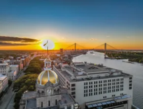 Aerial city view, River Street and City Hall