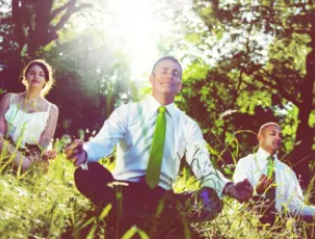 Graphic of business people in business attire meditating in a natural setting.