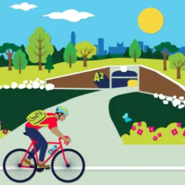 A graphic of a man riding a bike through a park.