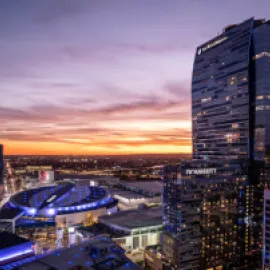Aerial photo of L.A. LIVE! at sunset.