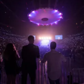 Photo of people looking at a concert, in a venue filled with purple light.