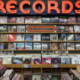 Photo of a wall of records at the Record Exchange.